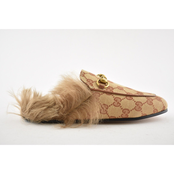 Gucci Princetown Beige Canvas Original GG Fur Loafer Slide Mule Slipper Flat 35 - Picture 4 of 12